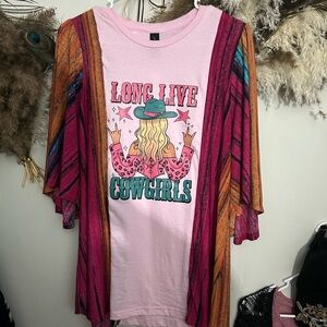 Pink Graphic Tee with Colorful Cardigan